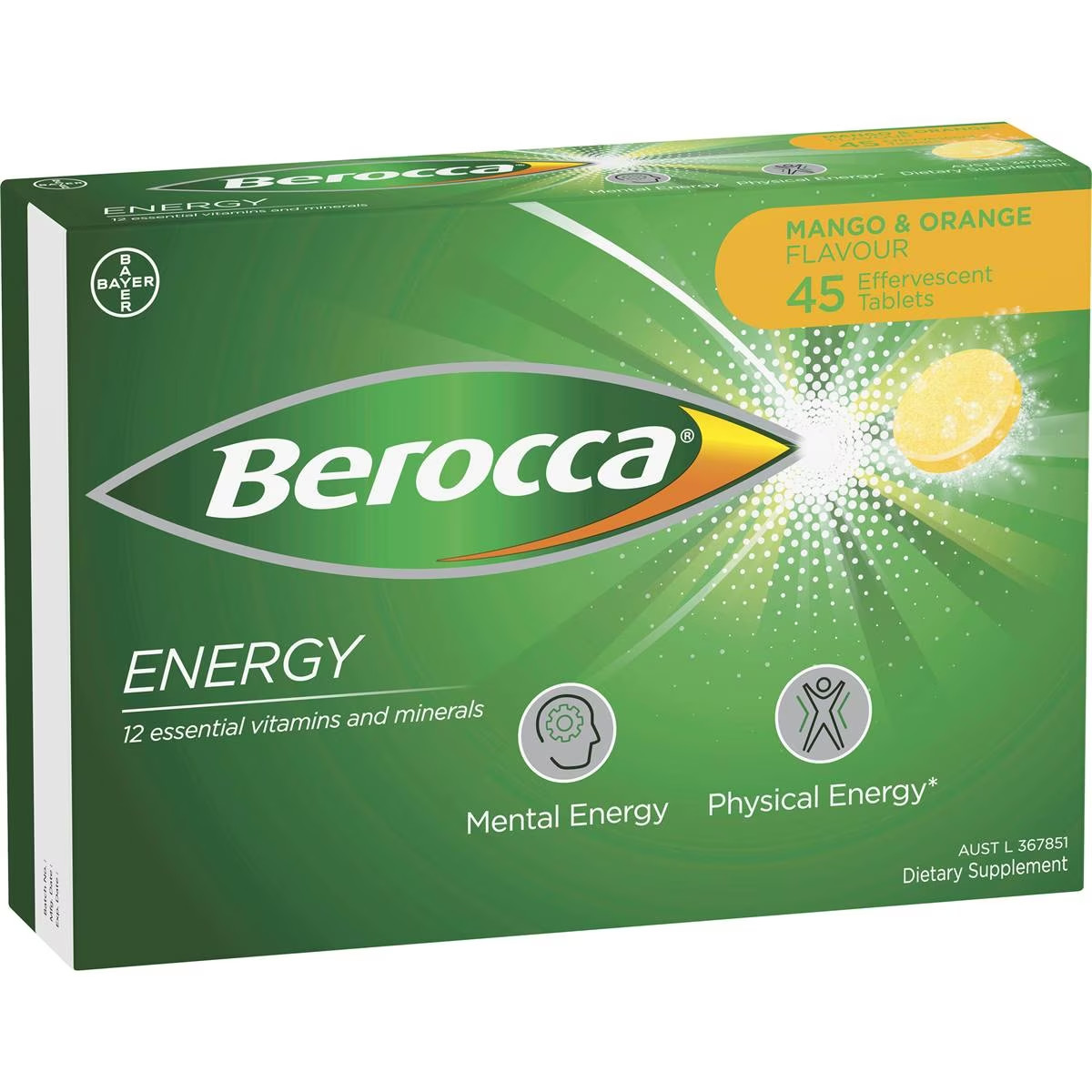 berocca energy vitamin b & c orange and mango flavour 45 pack